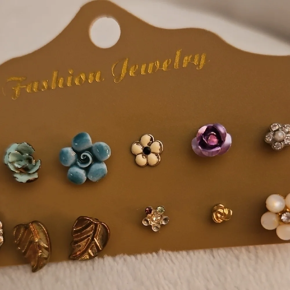Vintage Eight Single and Two Pair Floral and Leaf Earring Set
